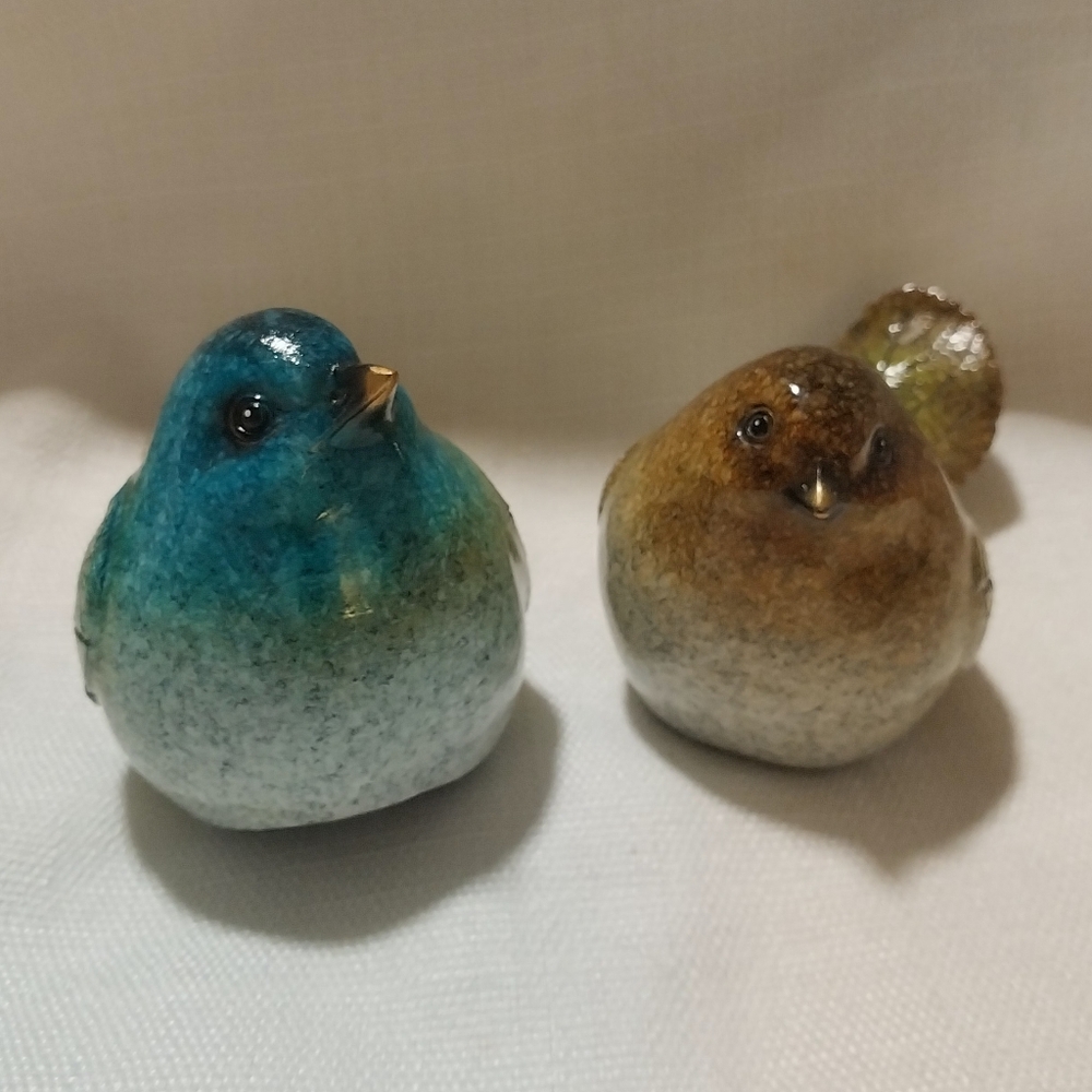 Artisan Made Blue & Green Ceramic Leaf Bird Figurines